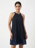 Women's Navy Blue Embellished Halter Neck A-Line Dress