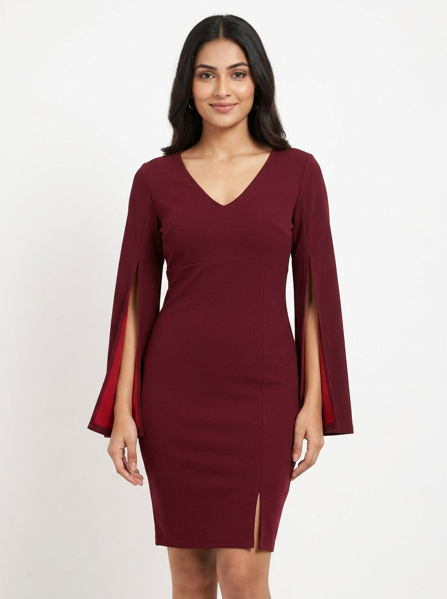 Maroon V-Neck Flared Sleeve Bodycon Dress