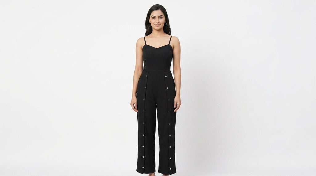 Black Solid Jumpsuit with Button Detail