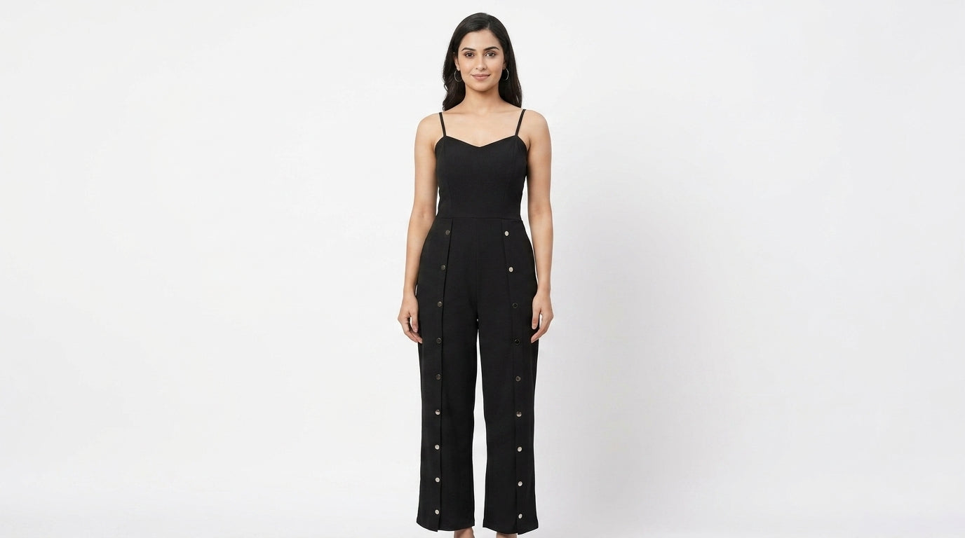 Black Solid Jumpsuit with Button Detail