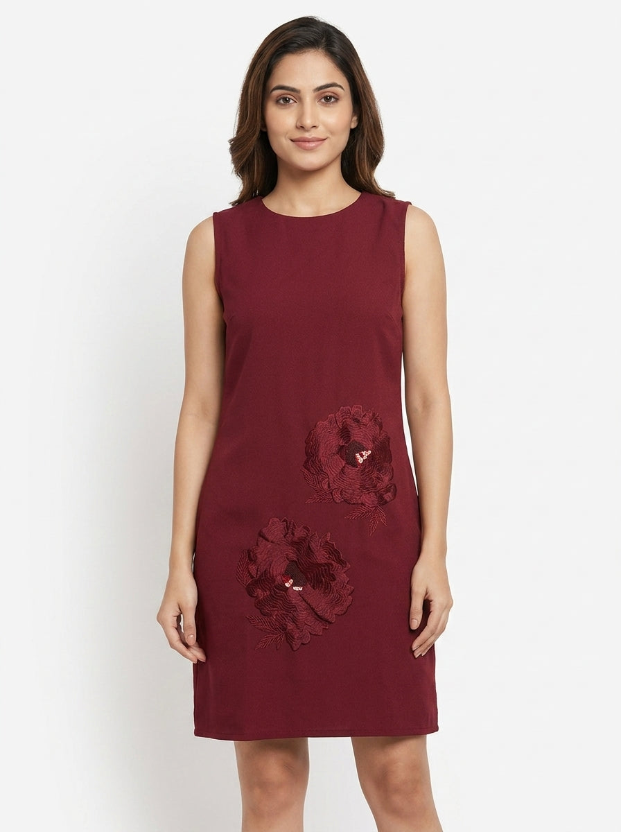 Maroon Embellished Sleeveless Straight Dress