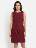 Maroon Embellished Sleeveless Straight Dress