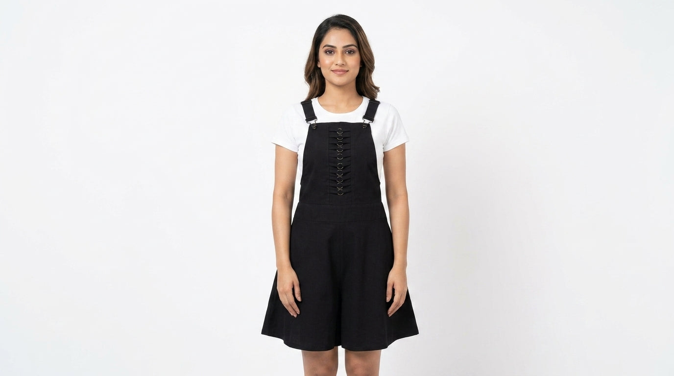 Black Solid A-line Pinafore Jumpsuit