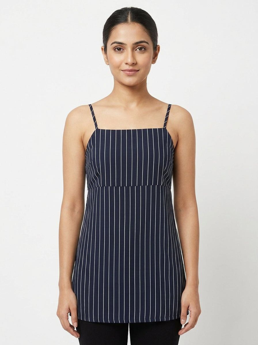 Navy Blue Striped Sleeveless Midi Dress
