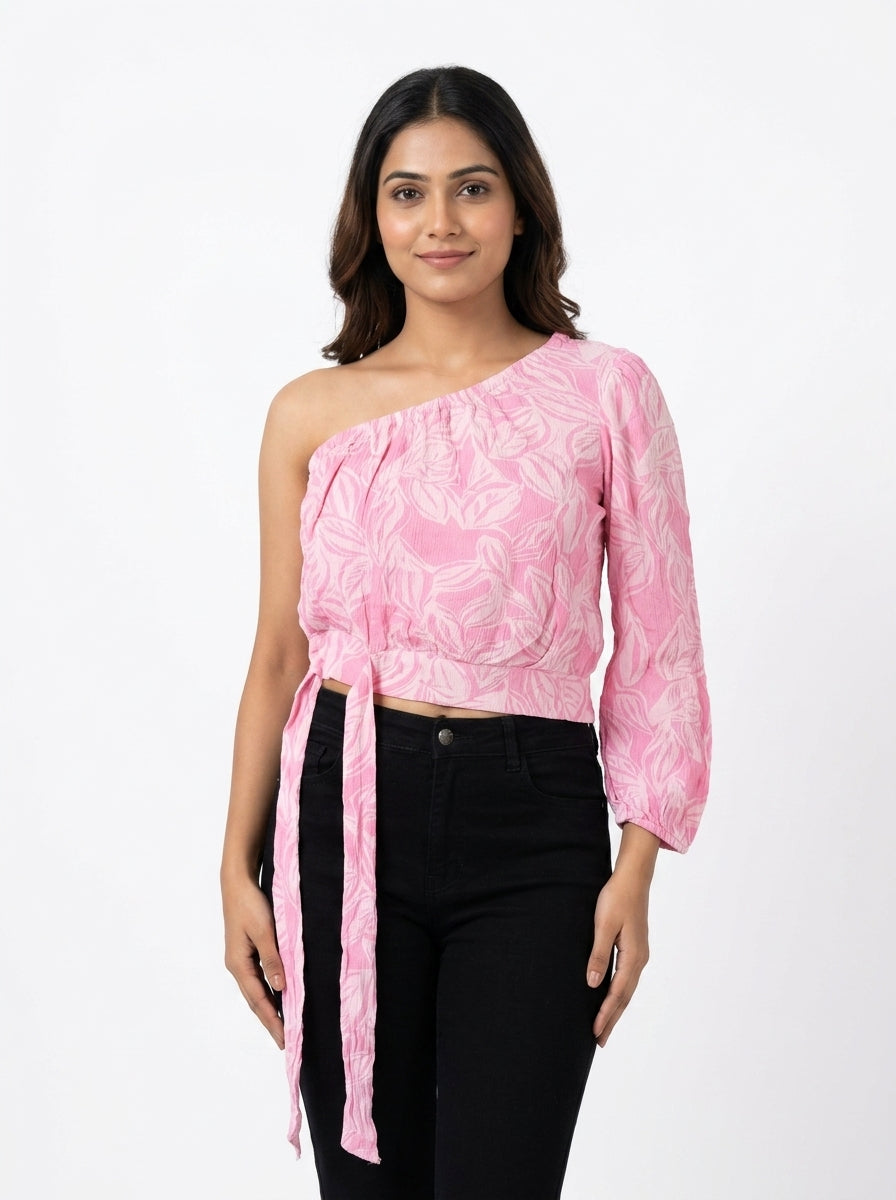 Pink Floral Printed Off-Shoulder Relaxed Fit Top