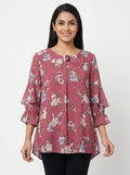 Wine Floral Printed Ruffled Sleeve Top