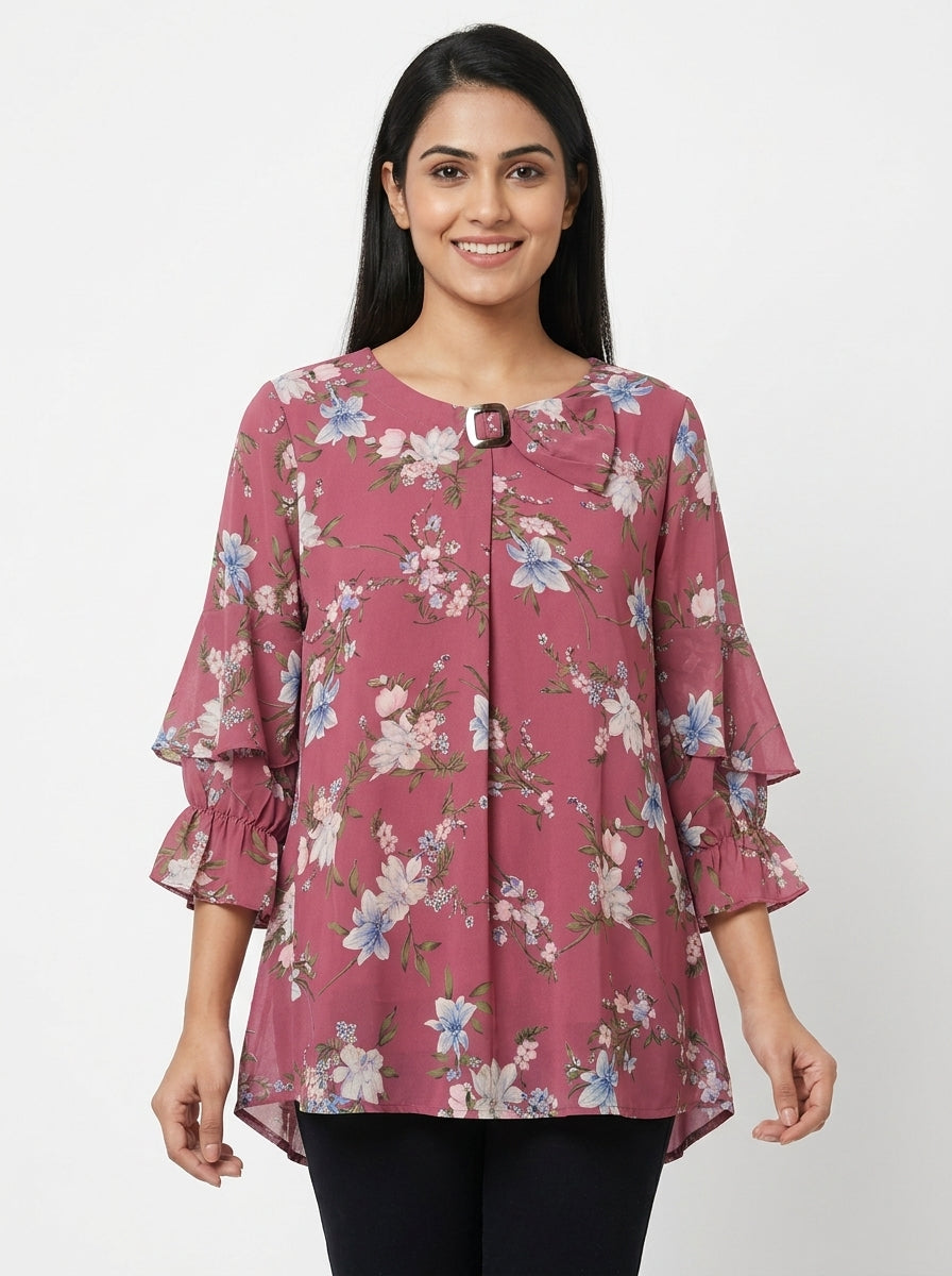 Wine Floral Printed Ruffled Sleeve Top