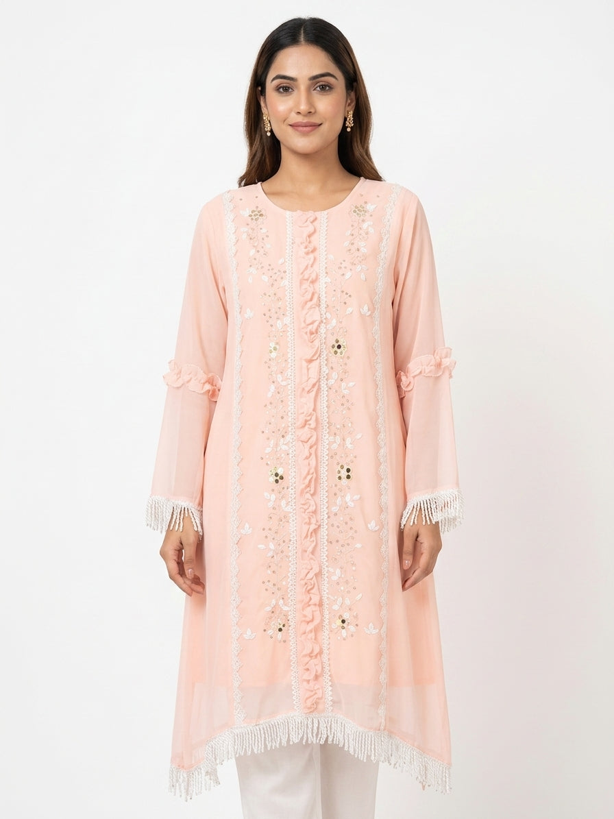 Embellished Peach Kurti with Fringe Detailing