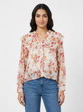 Off White Floral Print Ruffled V-Neck Blouse