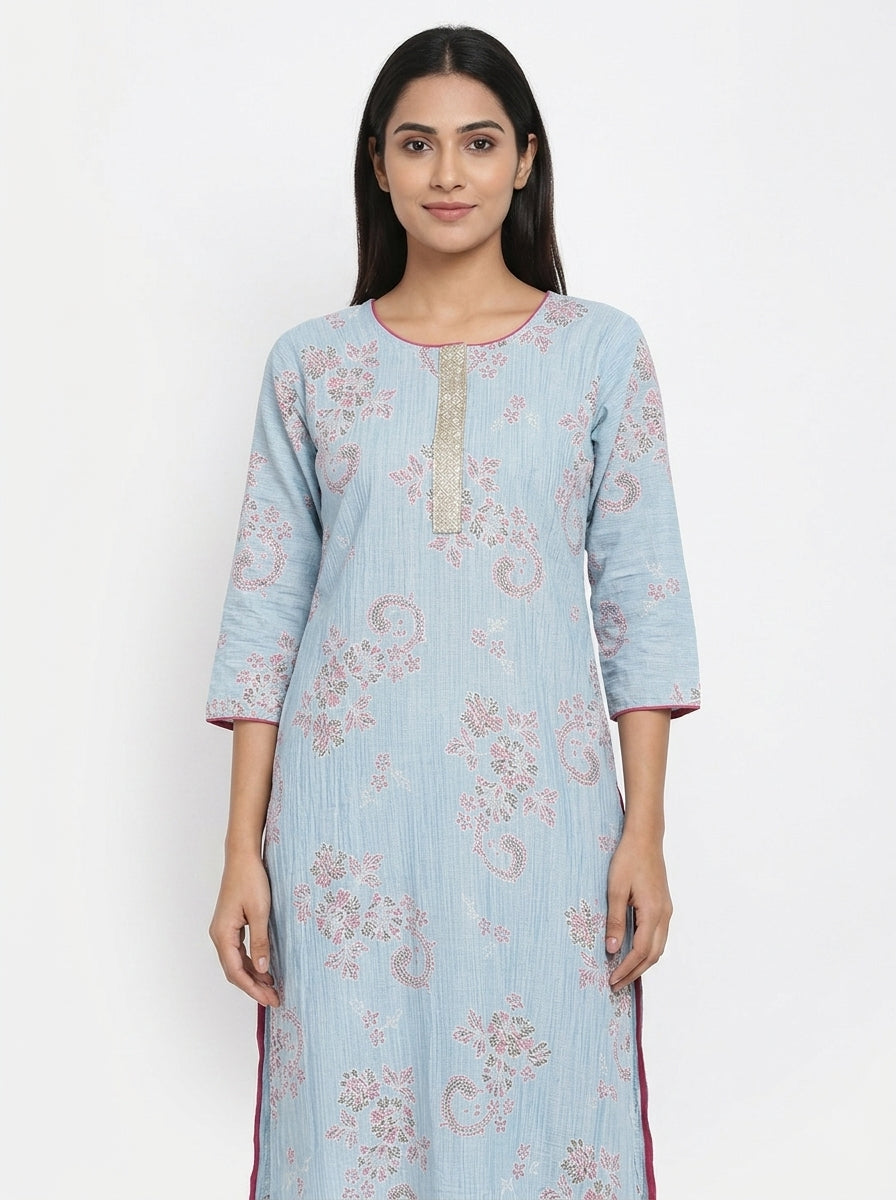 Light Blue Ethnic Print Cotton Kurti