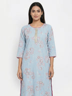 Light Blue Ethnic Print Cotton Kurti