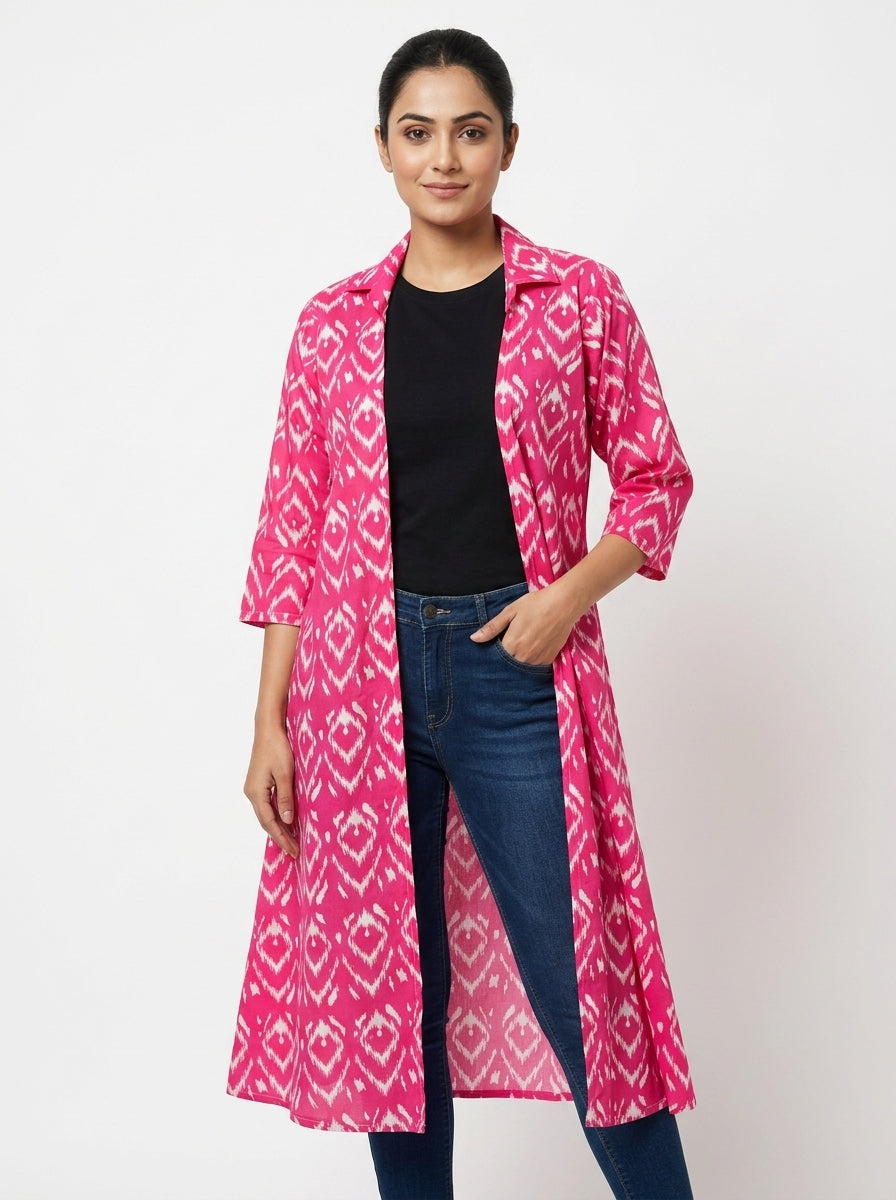 Women's Pink Ethnic Print Open Front Long Shrug