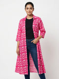 Women's Pink Ethnic Print Open Front Long Shrug