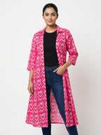 Women's Pink Ethnic Print Open Front Long Shrug