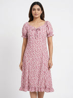 Mauve Floral Print Sweetheart Neck Puff Sleeve Dress