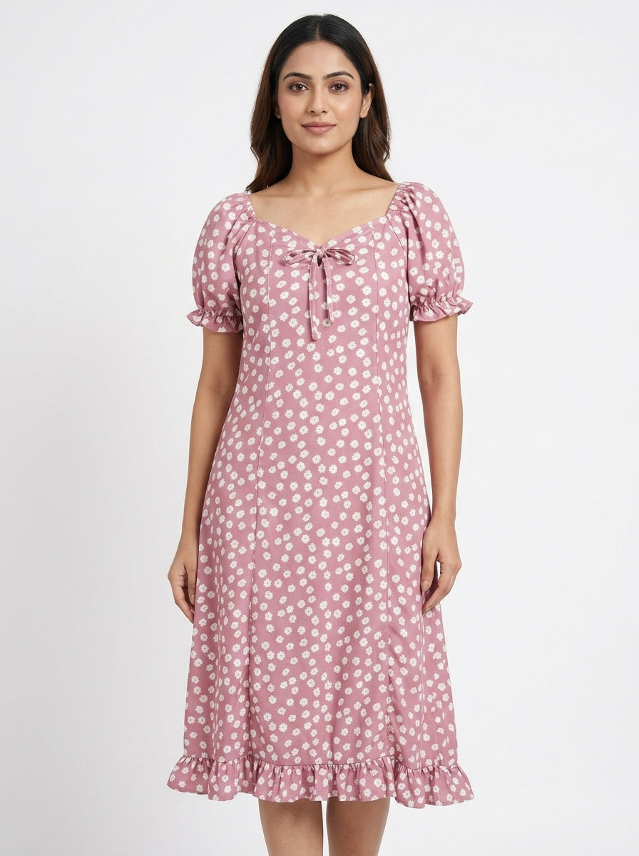 Mauve Floral Print Sweetheart Neck Puff Sleeve Dress