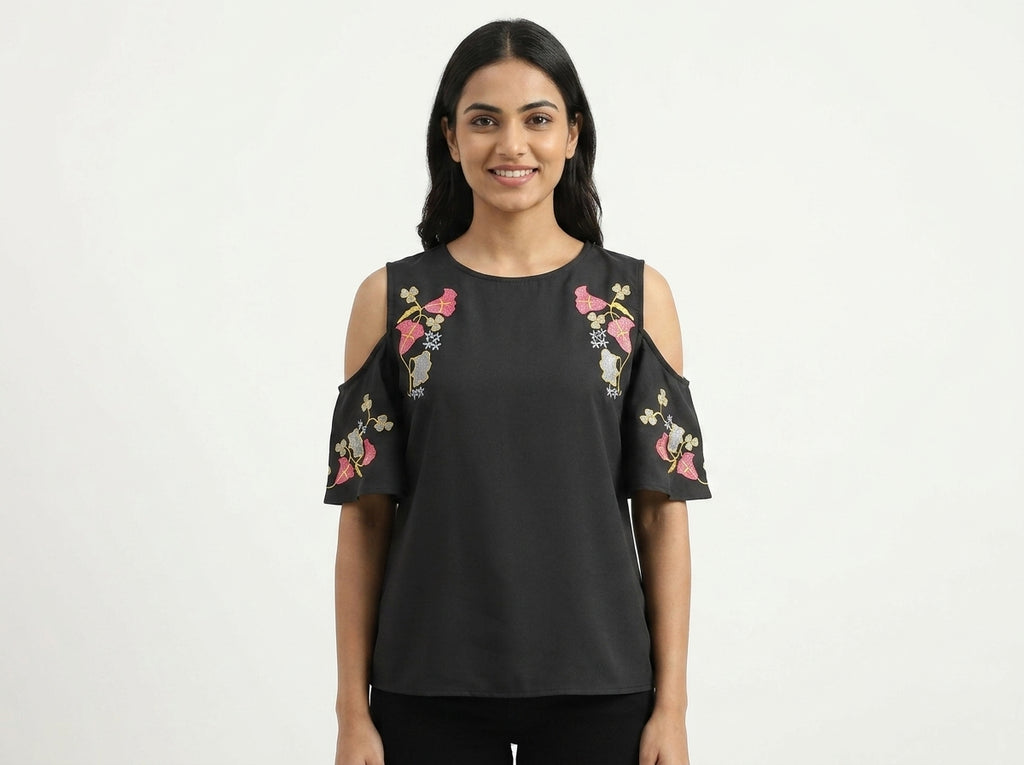 Women's Charcoal Floral Embroidered Cold Shoulder Top