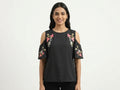 Women's Charcoal Floral Embroidered Cold Shoulder Top