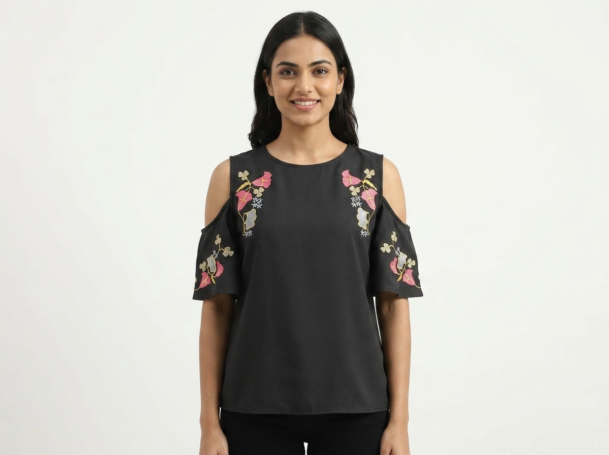 Women's Charcoal Floral Embroidered Cold Shoulder Top