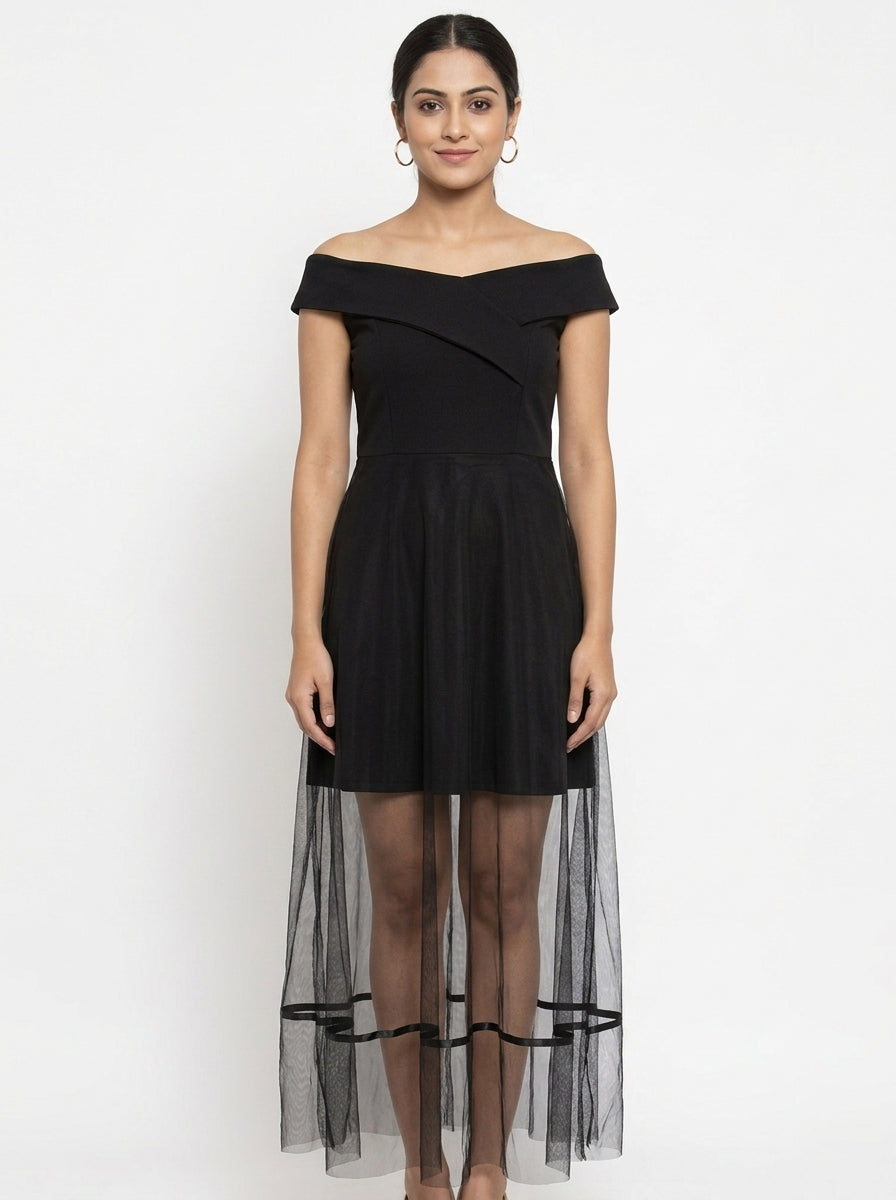 Black Off-Shoulder Net Overlay Party Dress