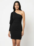 Black One-Shoulder Long Sleeve Mini Dress