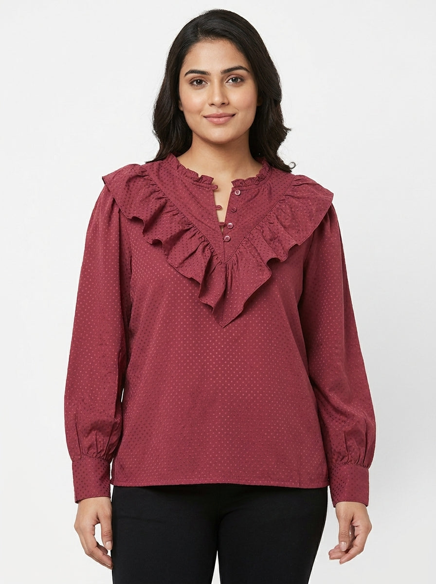 Women's Wine Self Design Ruffled Long Sleeve Blouse