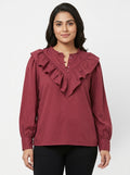 Women's Wine Self Design Ruffled Long Sleeve Blouse