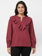 Women's Wine Self Design Ruffled Long Sleeve Blouse
