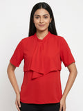 Women's Red Solid Draped Neck Top