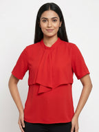 Women's Red Solid Draped Neck Top