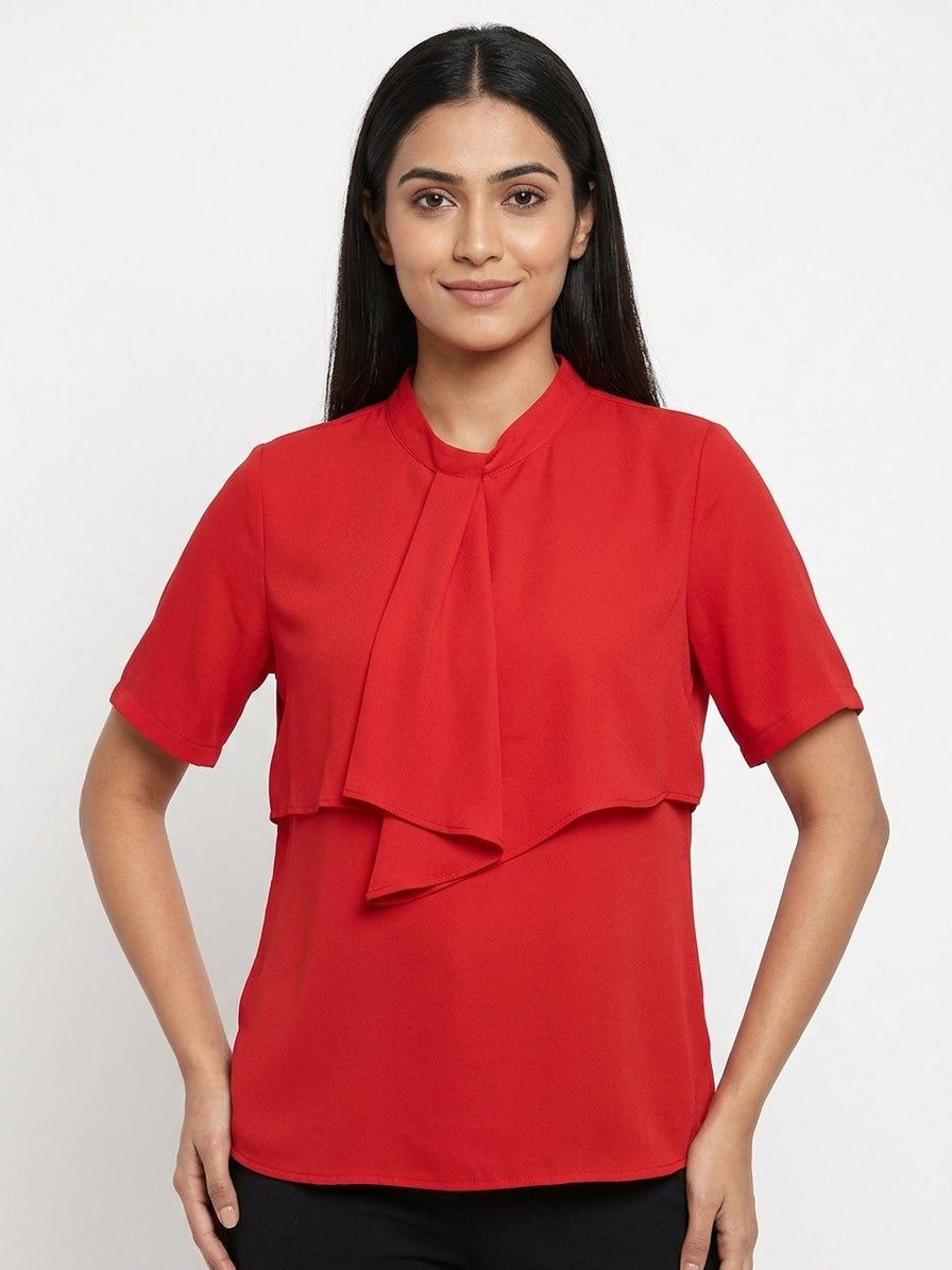 Women's Red Solid Draped Neck Top