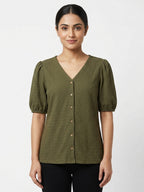 Women's Dark Olive Solid Textured V-Neck Button-Down Top