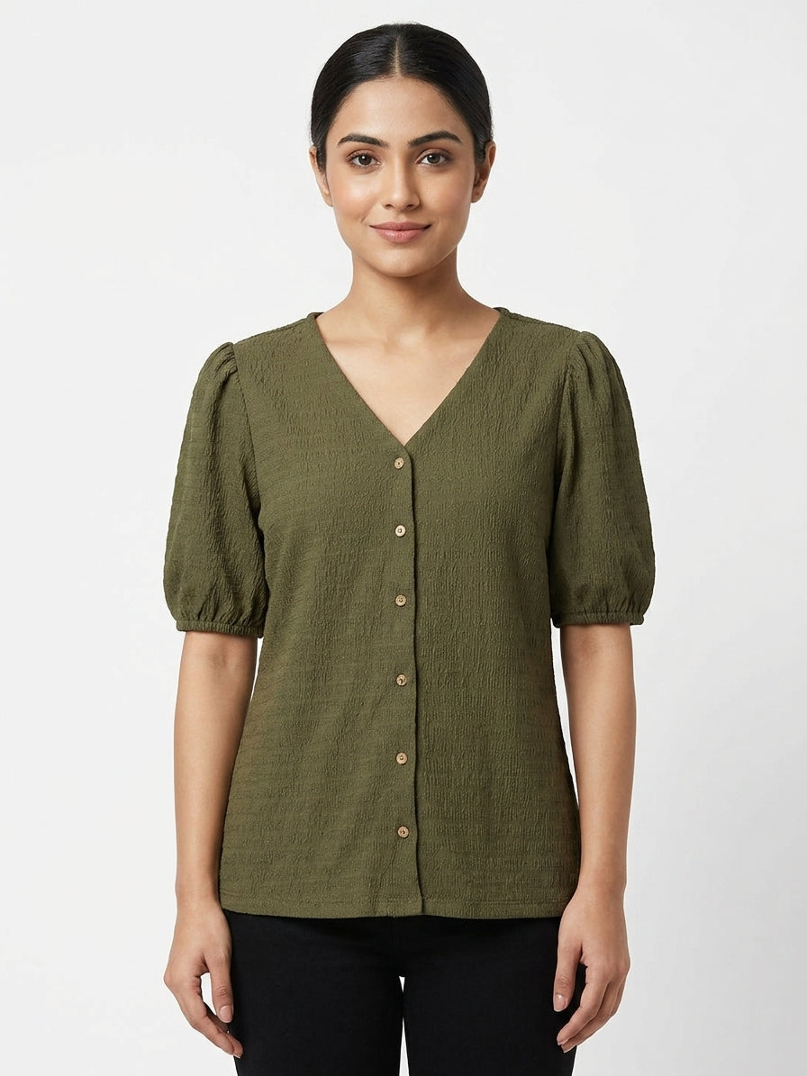 Women's Dark Olive Solid Textured V-Neck Button-Down Top