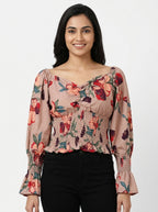 Women's Beige Floral Print Off-Shoulder Smocked Top