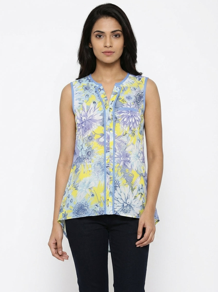 Multi Floral Printed Sleeveless Top with Blue Trim