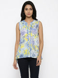 Multi Floral Printed Sleeveless Top with Blue Trim
