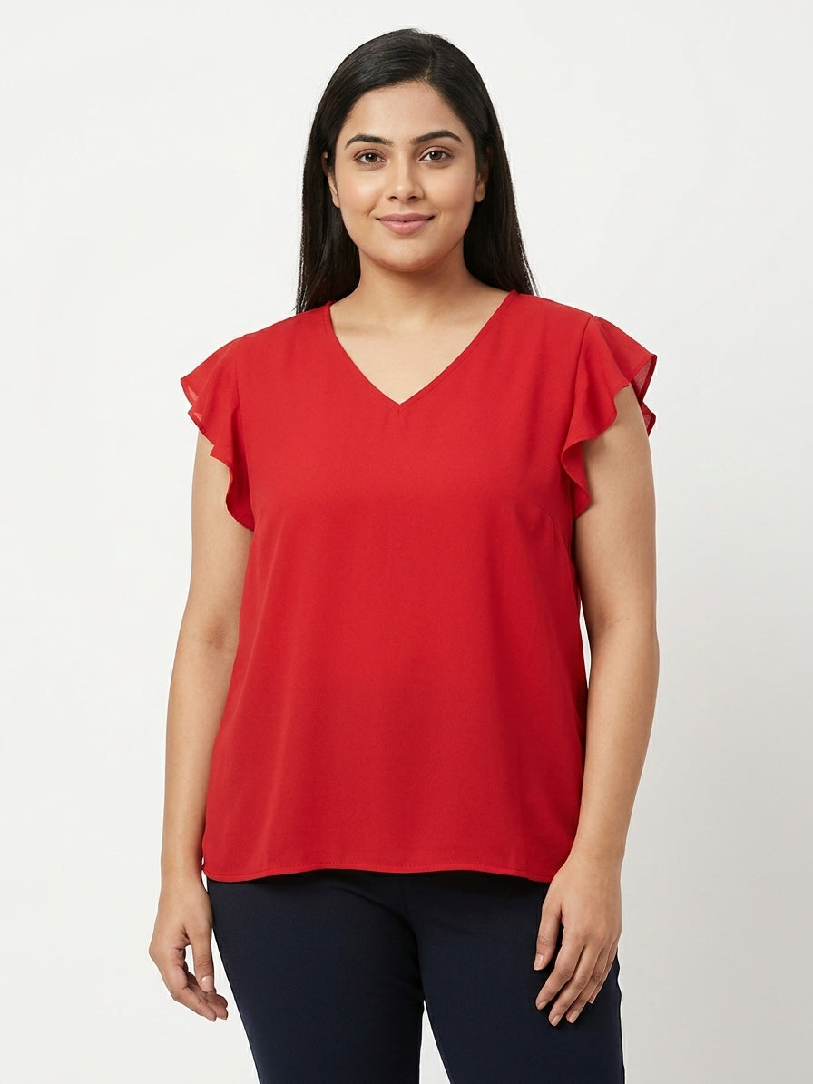 Women's Red Solid V-Neck Flutter Sleeve Top