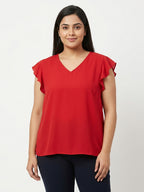Women's Red Solid V-Neck Flutter Sleeve Top