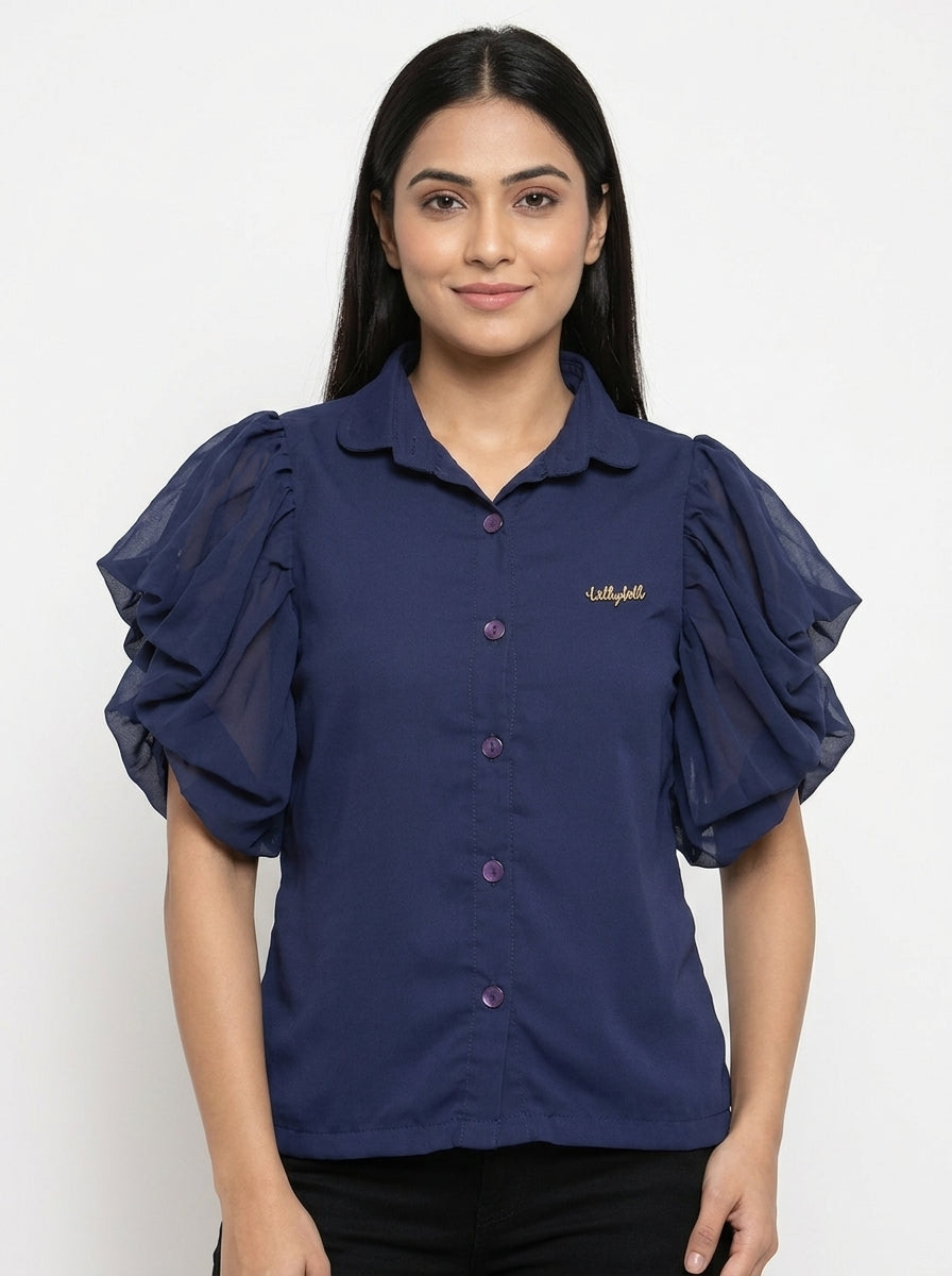 Dark Blue Solid Ruffled Sleeve Collared Top