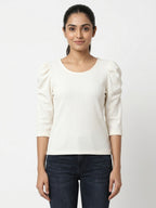 Women's Off White Textured Puffed Sleeve Casual Top