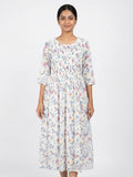 White Floral Print Smocked Flared Dress