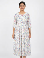 White Floral Print Smocked Flared Dress