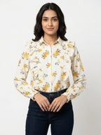 Off White Floral Ruffle Full Sleeve Top