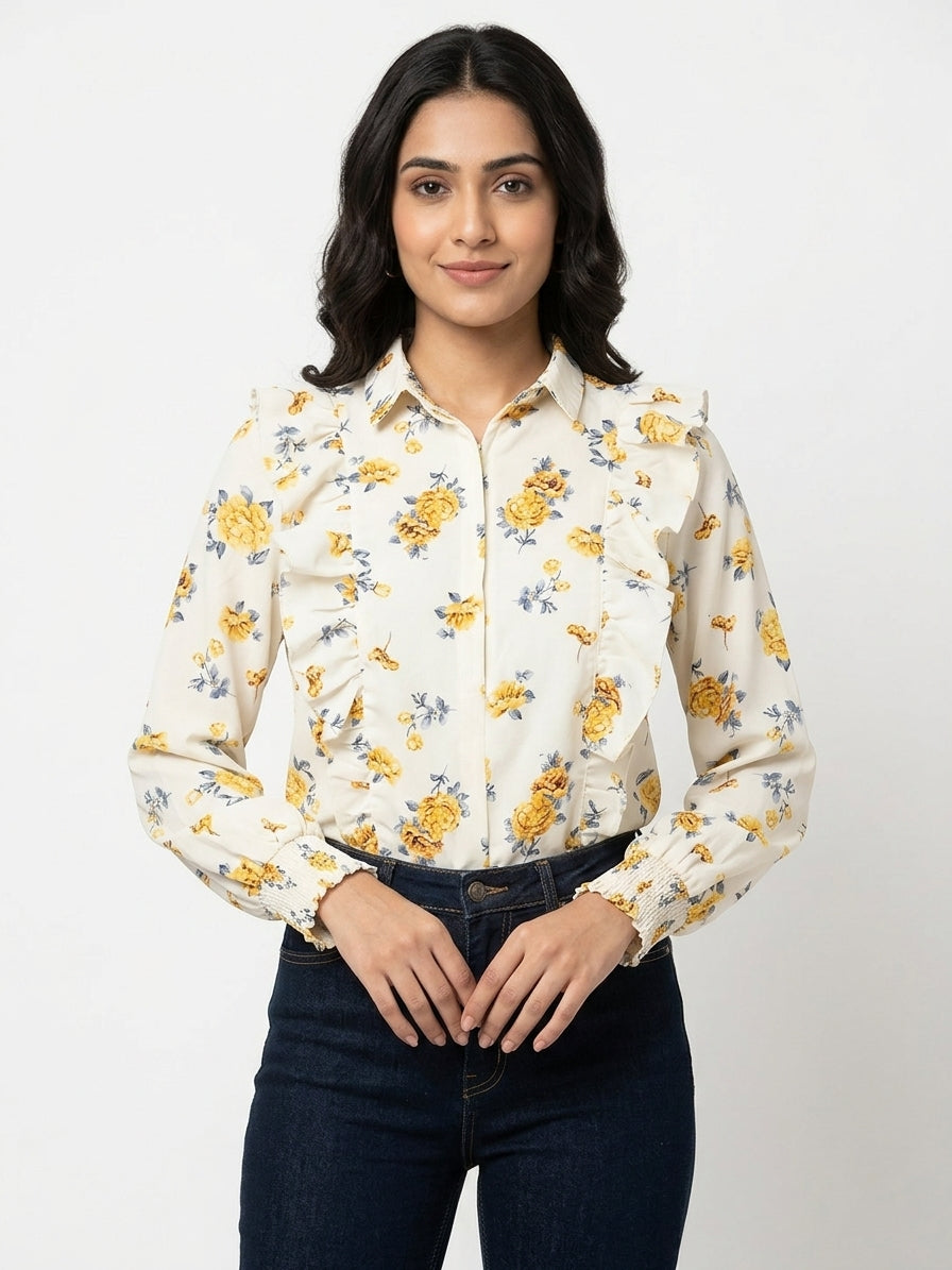Off White Floral Ruffle Full Sleeve Top