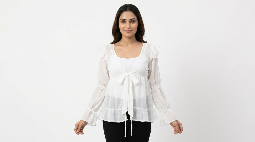 Women's White Solid Tie-Front Shrug