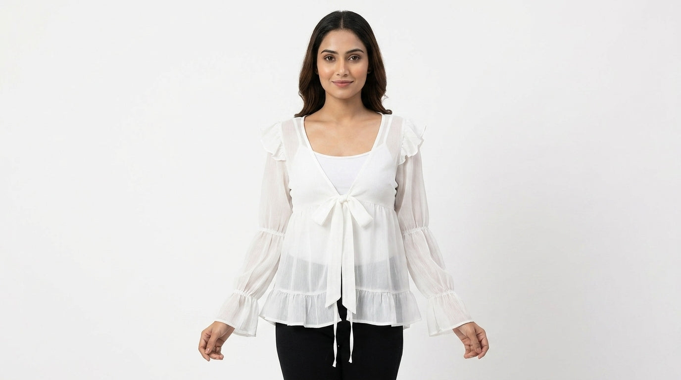 Women's White Solid Tie-Front Shrug