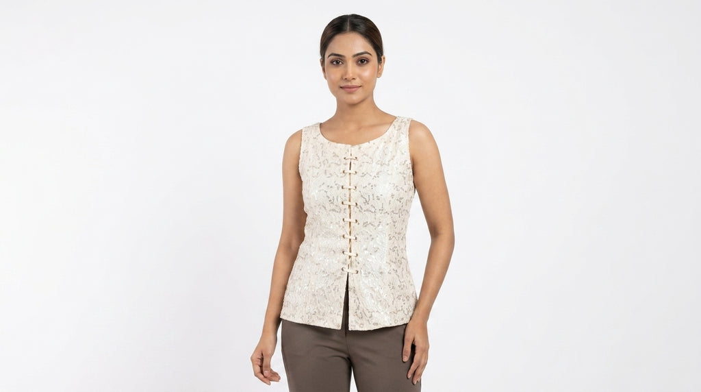 Women's Cream Embellished Sleeveless Top