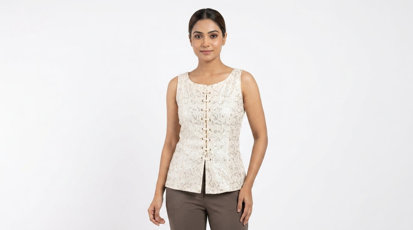 Women's Cream Embellished Sleeveless Top