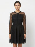 Black Sheer Sleeve Printed Flared Dress