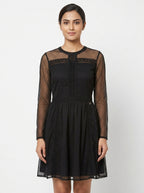 Black Sheer Sleeve Printed Flared Dress